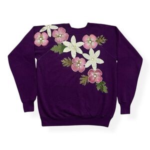 VTG 80s Magenta 3D Embroidered Floral Jeweled Raglan Sleeve Crew Neck Sweatshirt